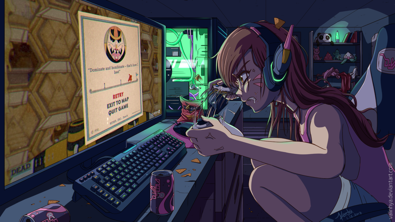 黑发,愤怒,digitalart,艺术品,电子游戏,DVa监工,监工,PCgaming,Cuphead,控制器,RGB,PCMR