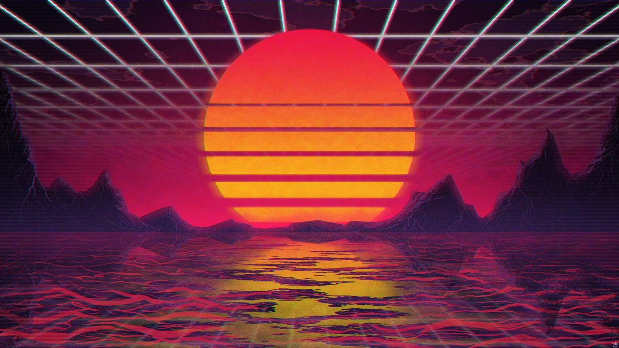 retrowave,Retrowave,polygonart,日落,丘陵,扫描线