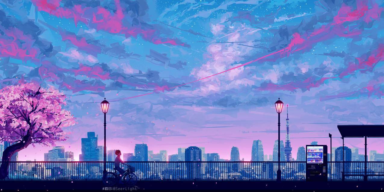 SeerLight,插图,城市,动画,绘画,景观,自行车,fantasyart