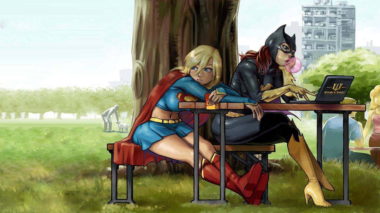 Batgirl,超级女声,DCCOMICS,卡通,艺术品,超级女主人,笔记本电脑,树,椅子,泡泡糖,国家公园,斗篷,面具,靴子