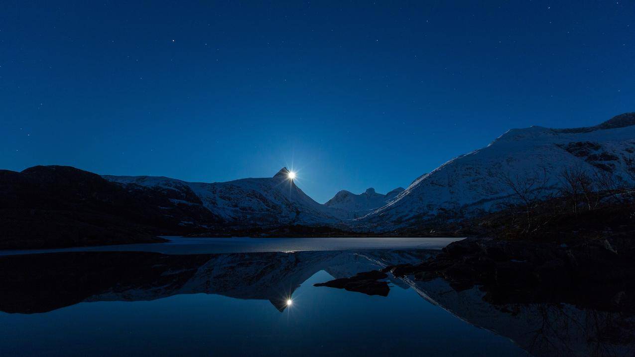 自然,风景,晴空,夜,雪,冬,山,湖,月,月光,楼梯,冰,反射,山脉