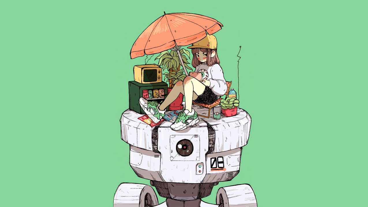 动漫,漫画,阳伞,简单背景,动画,机器