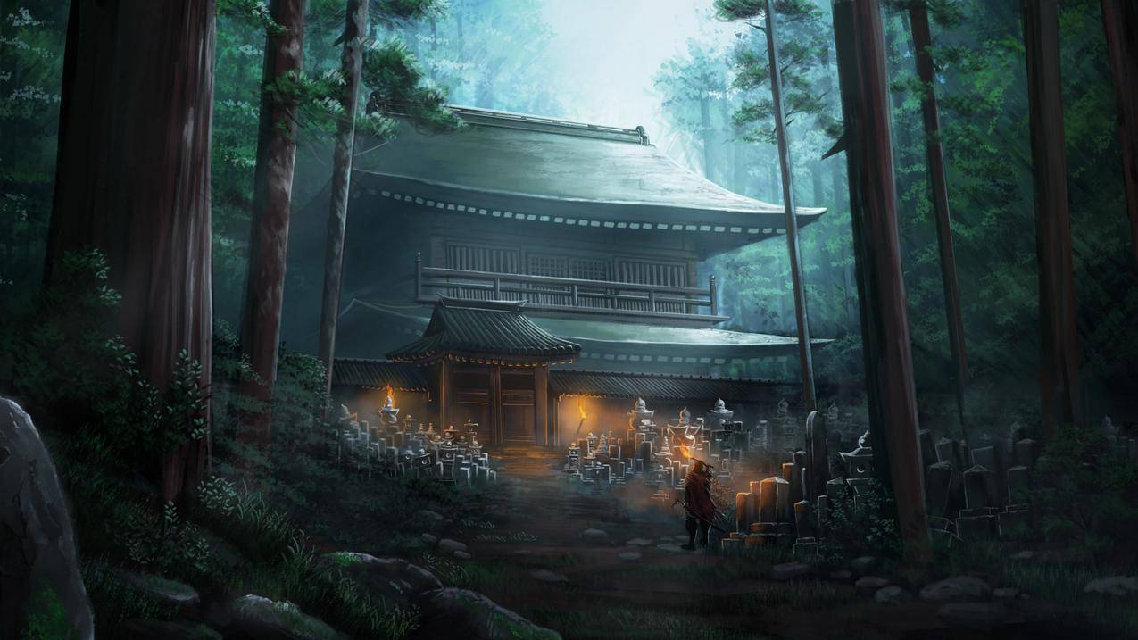 战士,战士,亚洲,digitalart,寺庙,自然,森林,fantasyart,Chinesearchitecture