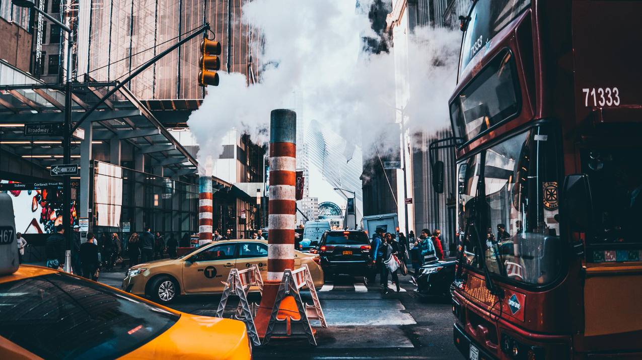 纽约,公共汽车,NewYorkTaxi,出租车,烟雾,交通灯,街道