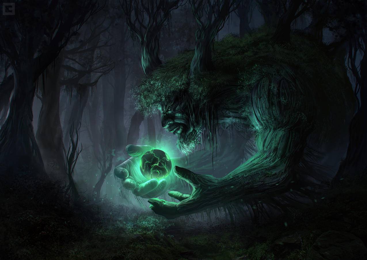 fantasyart,digitalart,艺术品,发光,树木,森林,巨人,生物,神奇