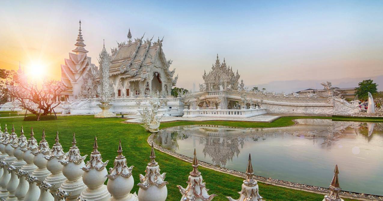 泰国,泰国,寺庙,太阳,天空,白色,绿色,水,建筑,建筑,亚洲建筑,传统艺术