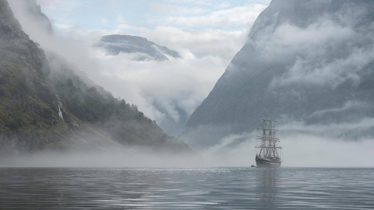 自然,山,船,挪威