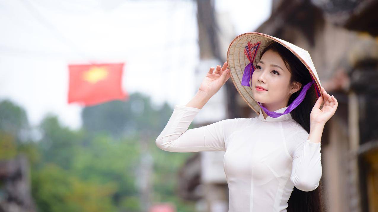 女人,黑发女人,站立,手臂,围观,亚洲,帽子,越南人,越南,阿奥德,尼,布朗,白人
