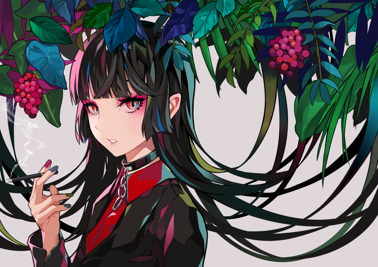 originalcharacters,长毛,pointedears,多coloredeyes,lookingatviewer,partedlips,林,animegirls,香烟,衣领,水果,烟,黑发,指甲油,simplebackground,whitebackground,烟,西装,项链,链