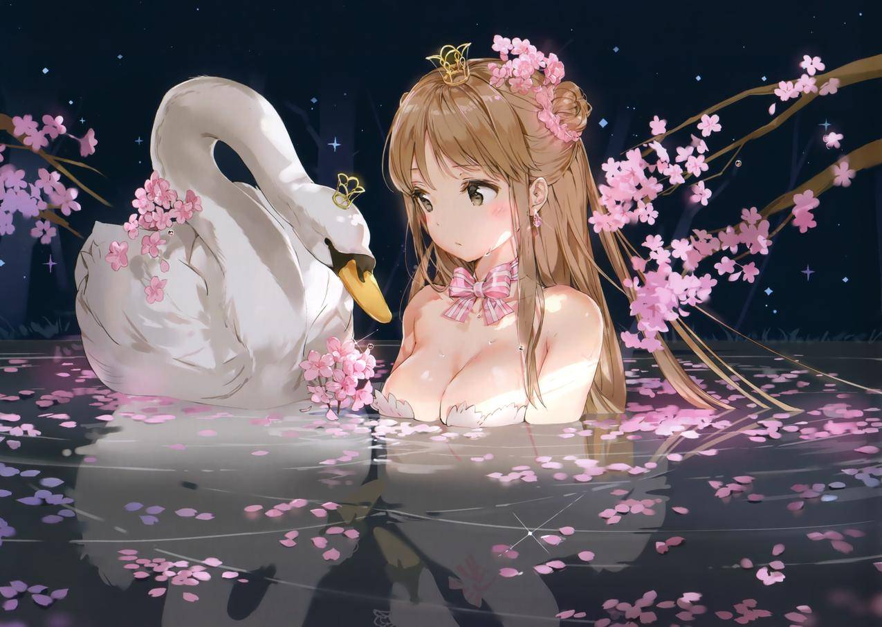 原生人物,卵裂,黑发,动漫,动漫,天鹅,花朵,水,皇冠
