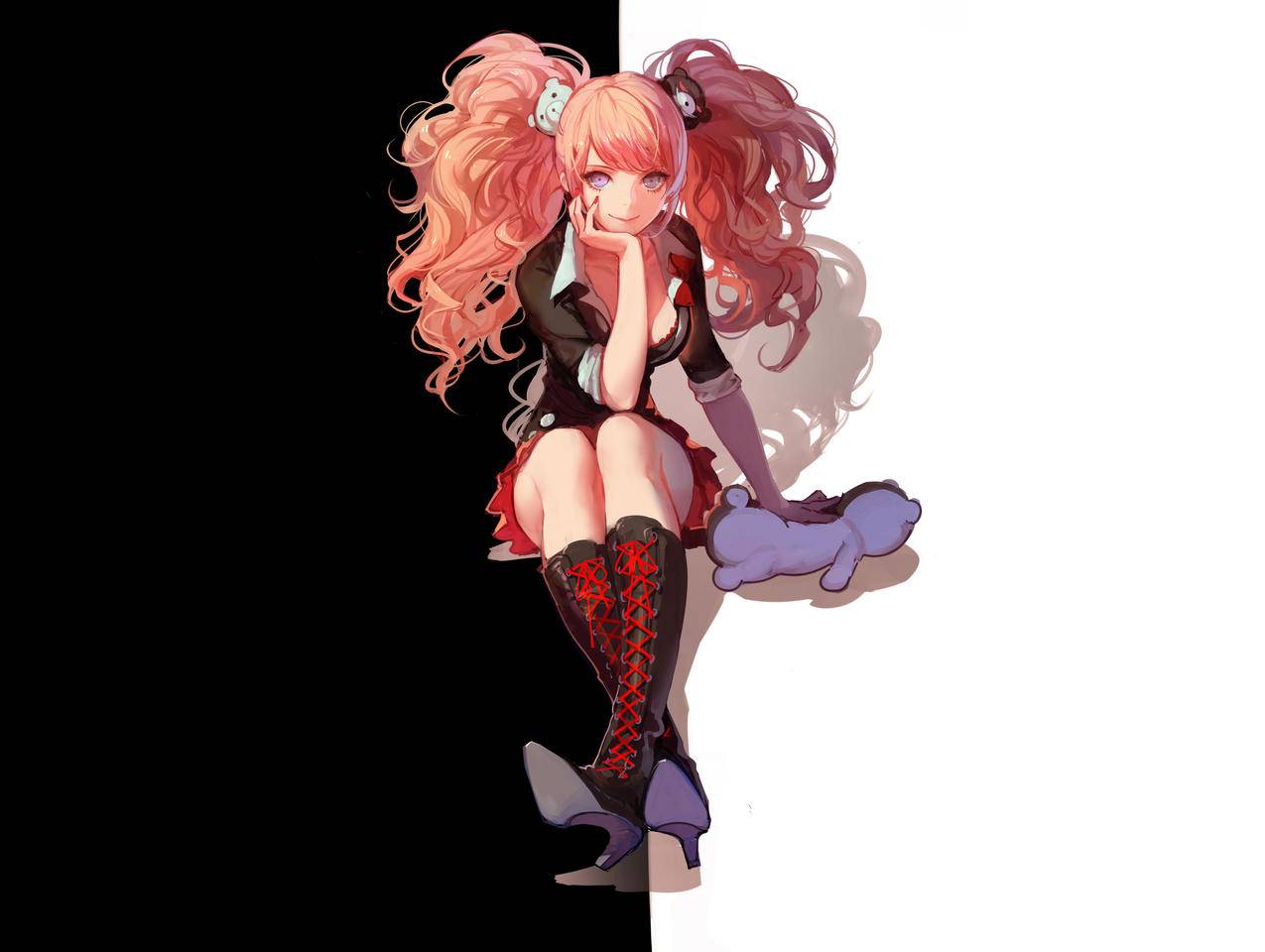 平毛,Danganronpa,动漫,动漫,EnoshimaJunko,Monobear,黑色,白色,泰迪熊