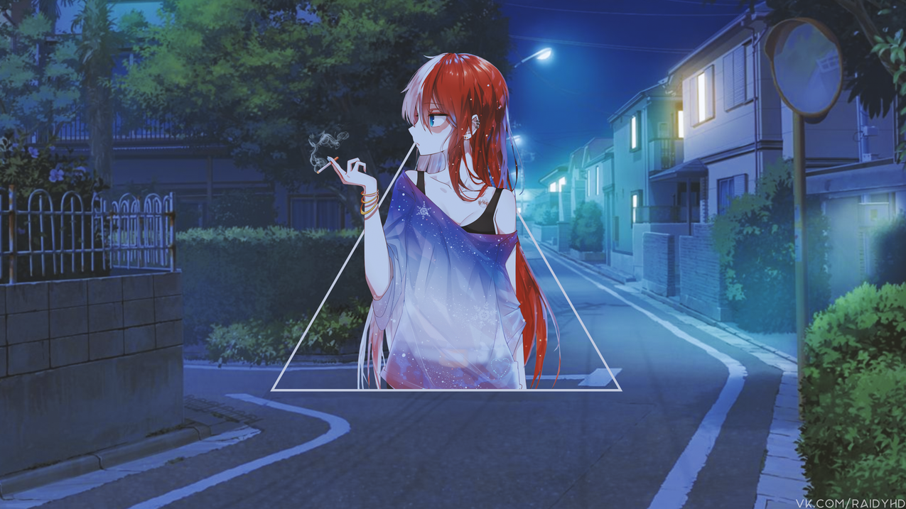 红头发,动漫,animegirls,子母画面,夜晚,吸烟,城市