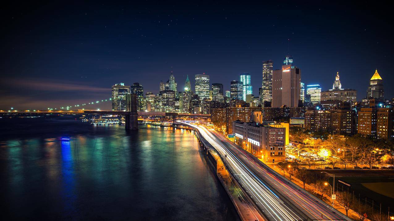 城市景观,纽约城,长曝光,美国,BrooklynBridge,西路,夜景,灯光,城市,道路,河流,桥梁,摩天楼,星星,灯塔,曼哈顿,ManhattanBridge