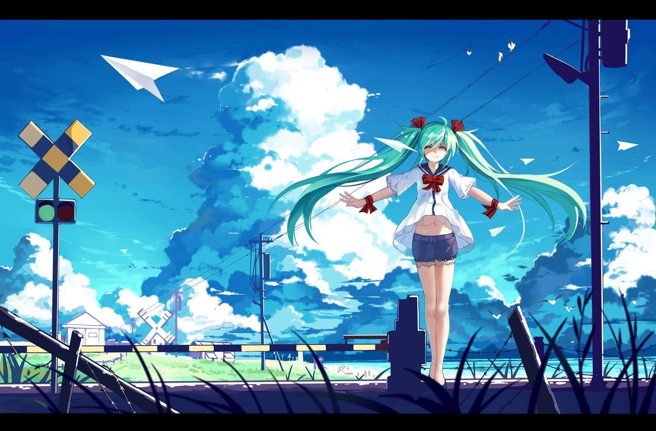 长毛,类嗓音,HatsuneMiku,动物,双尾,云,纸飞机,天空,风景,动画