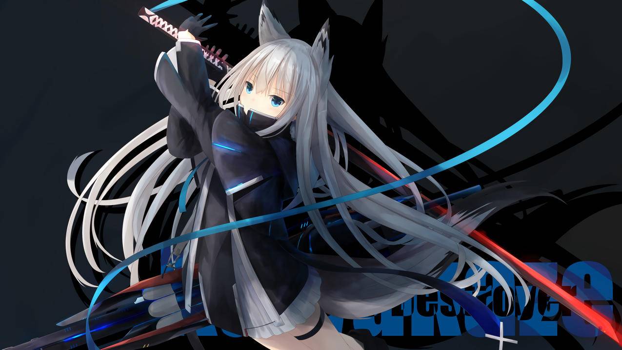 animegirls,foxgirl,武士刀,digitalart,绘图,silverhair