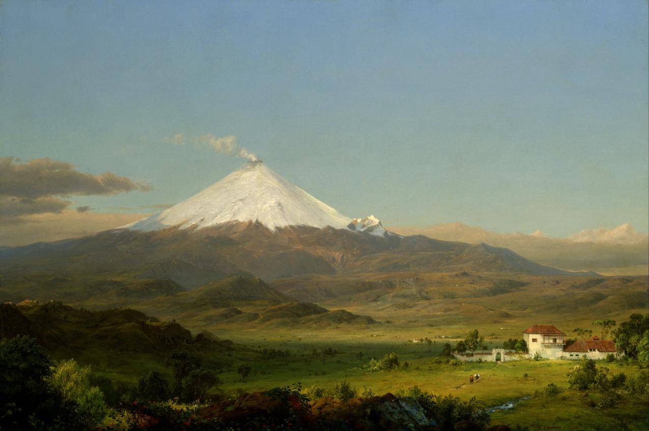 艺术品,古典艺术,绘画,风景,自然,树木,山脉,雪峰,火山,房子