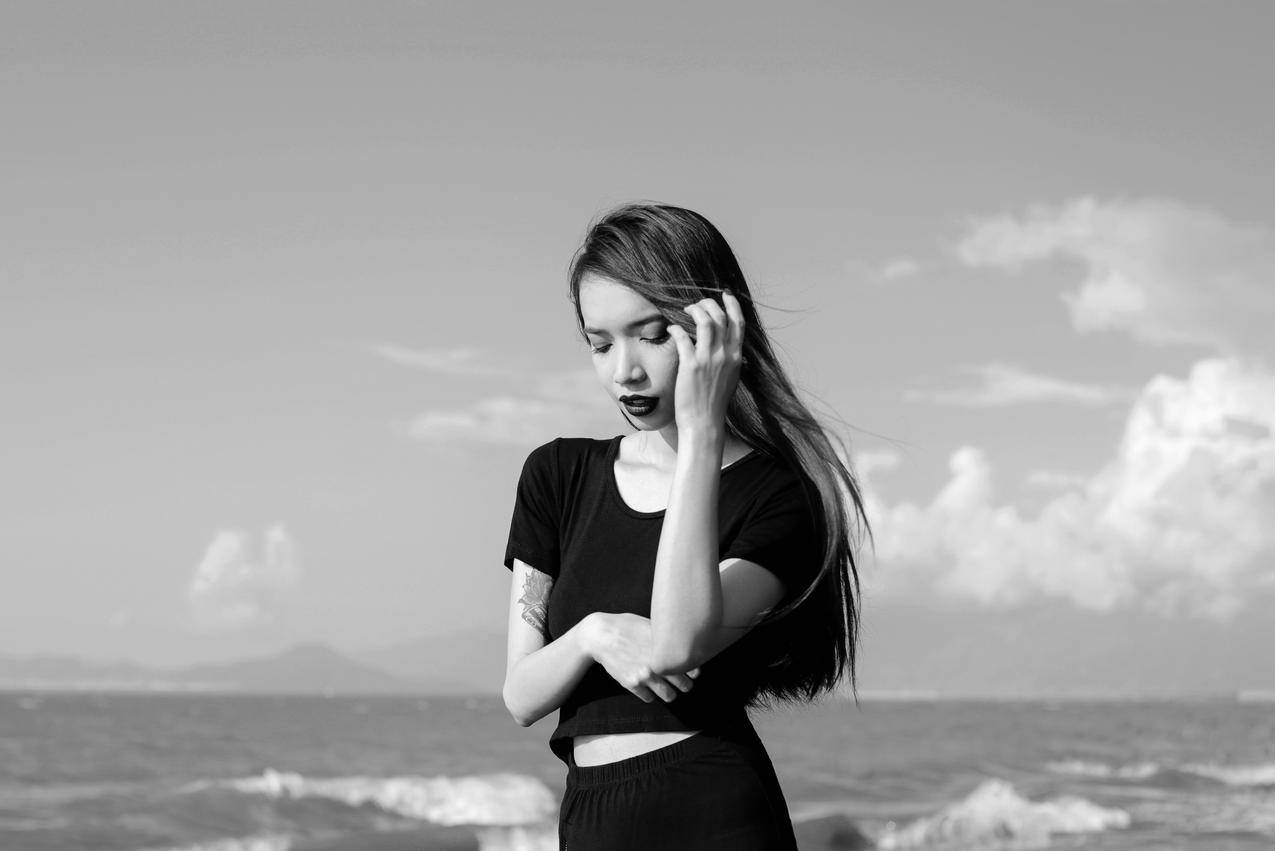 女人户外,单色,海滩,剪影,摄影,黑暗,自然