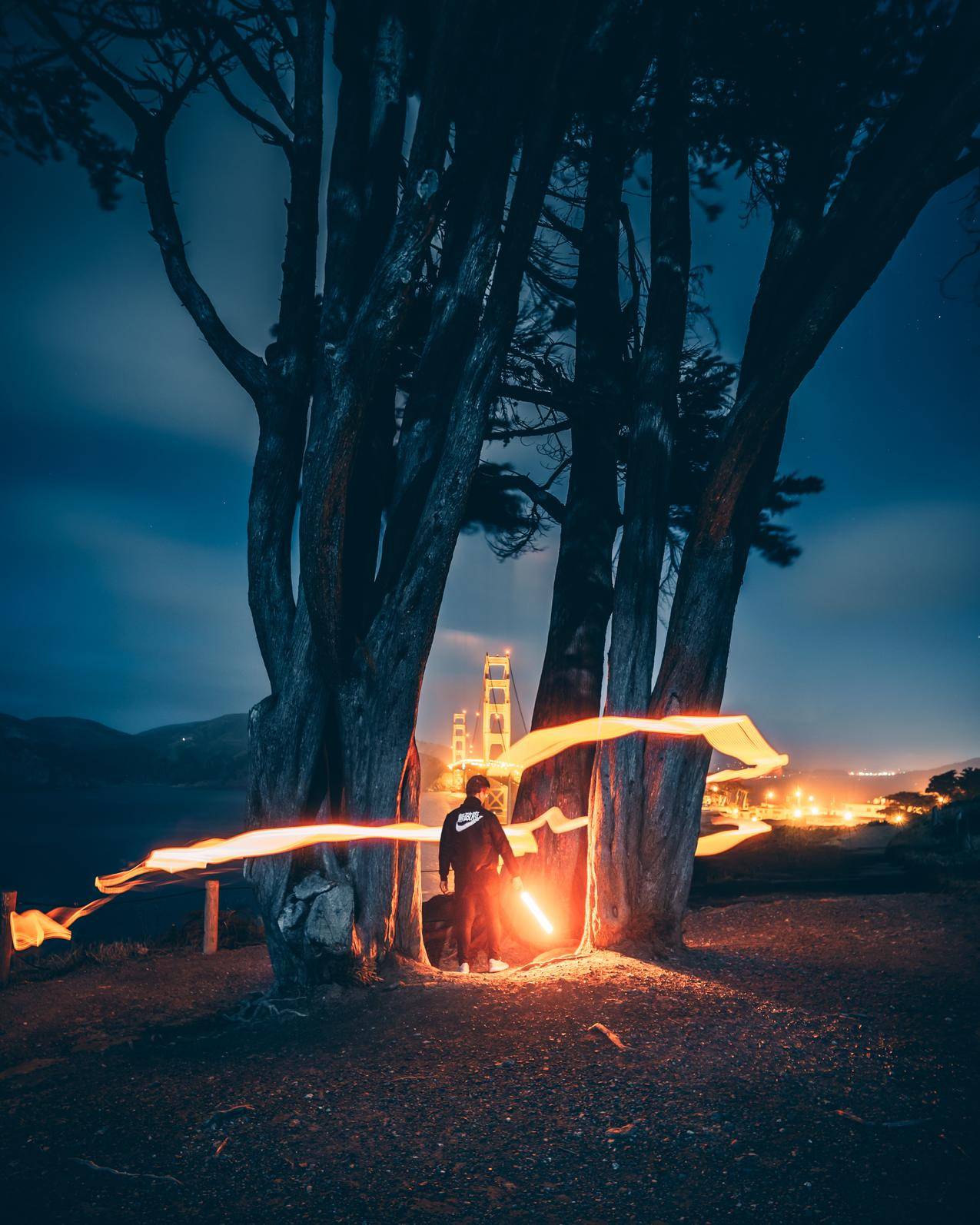 SimonZhu,三藩市,抽象,lighttrails,GoldenGateBridge,BayArea,longexposure,夜晚,夜景,桥梁,树木,耐克,光剑,USA