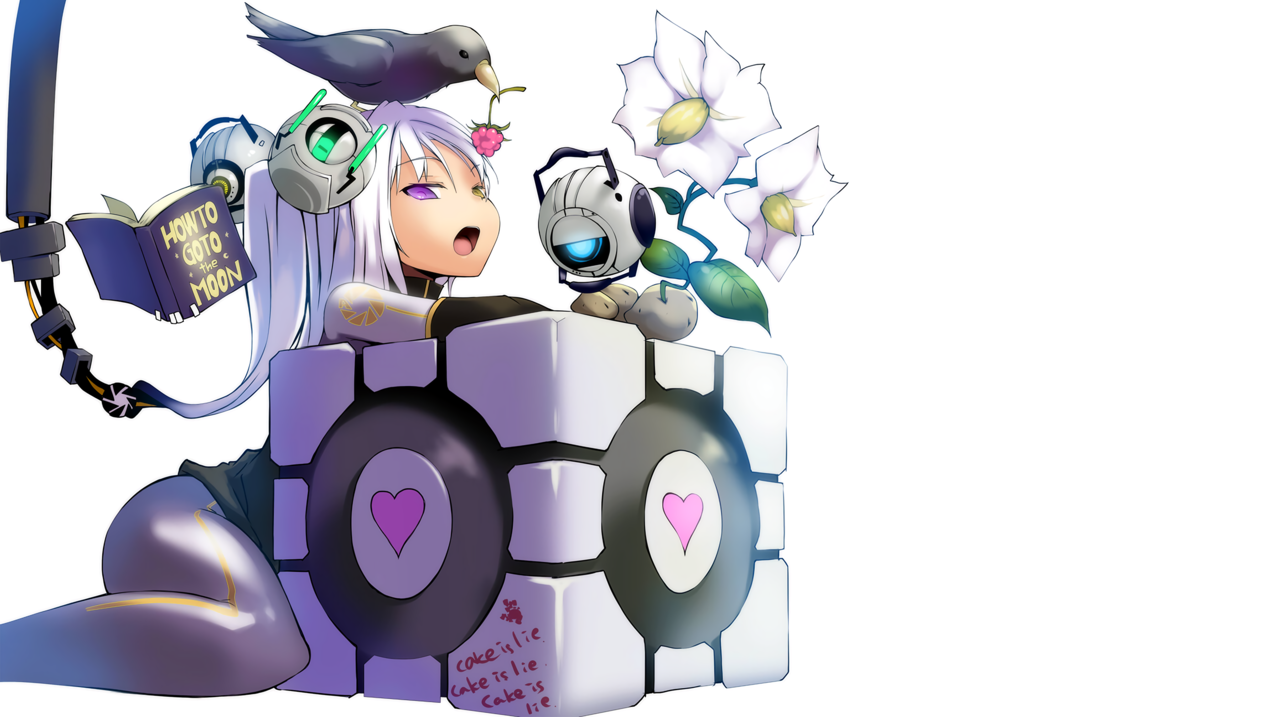 whiteskin,GLaDOS的,动漫,animegirls,simplebackground,门户网站游戏,CompanionCube,whitebackground,ApertureLaboratories,幽默