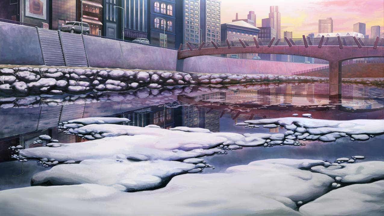 艺术品,雪,河,桥,建筑,城市景观,水,冬天,汽车