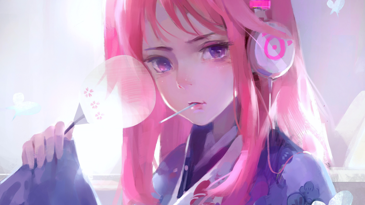 pinkhair,purpleeyes,动漫,animegirls,耳机
