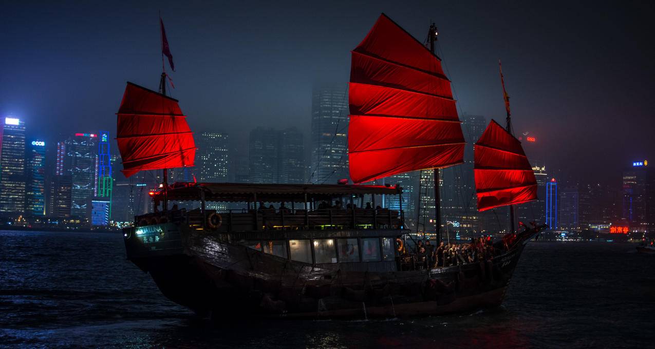 建筑,建筑,城市景观,香港,船,雾,水,摩天楼,夜景,垃圾,城市灯光