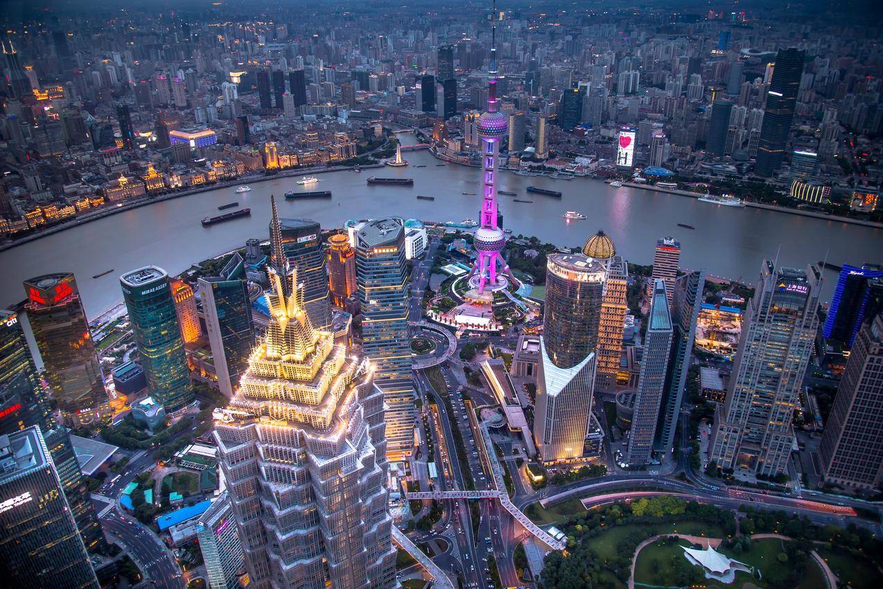 摩天大楼,船,全景,灯光,船,晚上,中国,河流,上海,城市景观