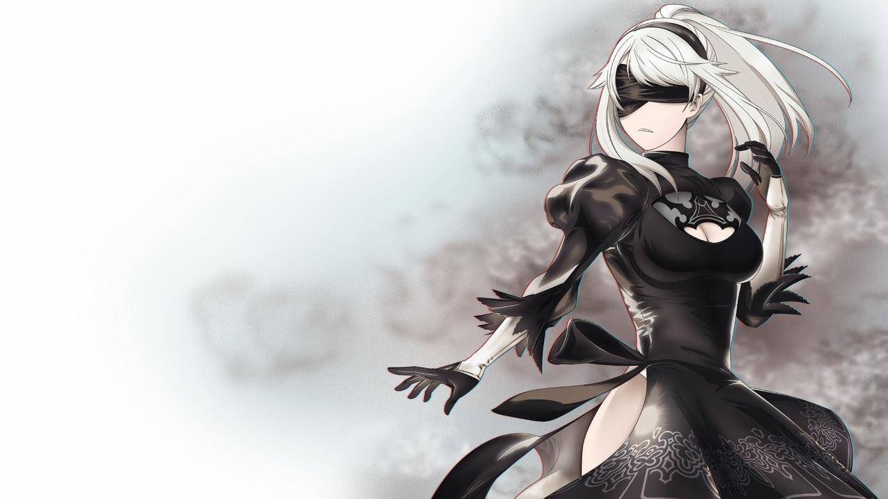 2B尼尔：自动机,白发,解理,视频游戏,FANART,尼尔：自动机,2B,黑衣,蒙眼,手套,尼尔,人安卓,头带,灰尘,白背景,RGB