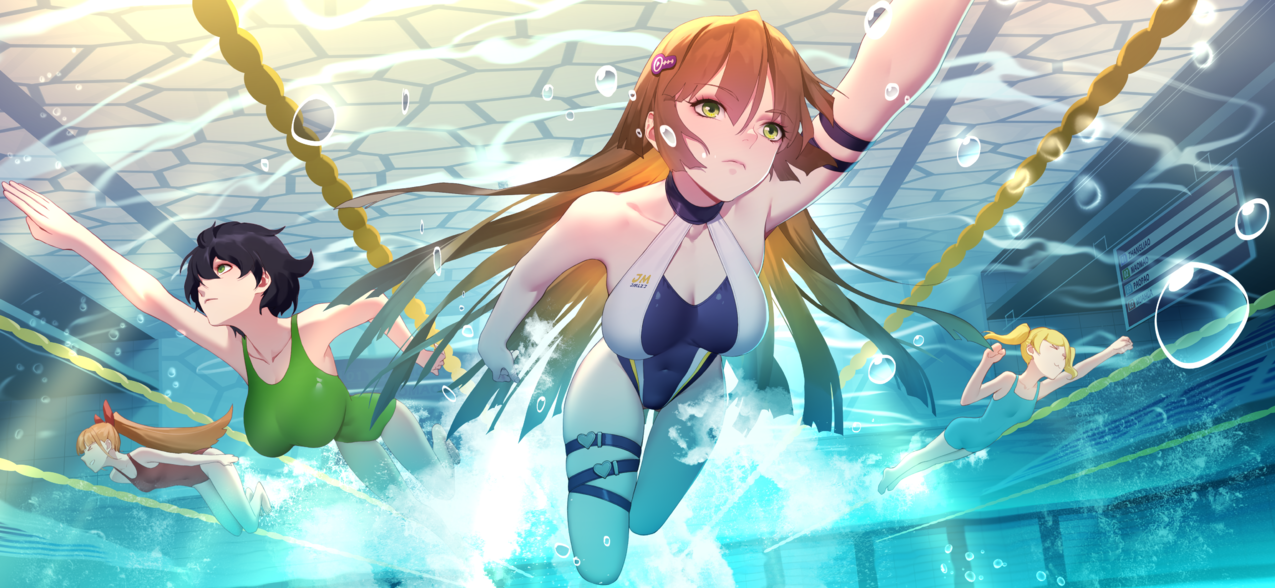 妇女,thegap,groupofwomen,originalcharacters,Thankstar404,尾纤,马尾,腹部,animegirls,艺术品,digitalart,插图,水下,游泳池,游泳池,泳装,一pieceswimsuit,2D,气泡,monokinis,动漫