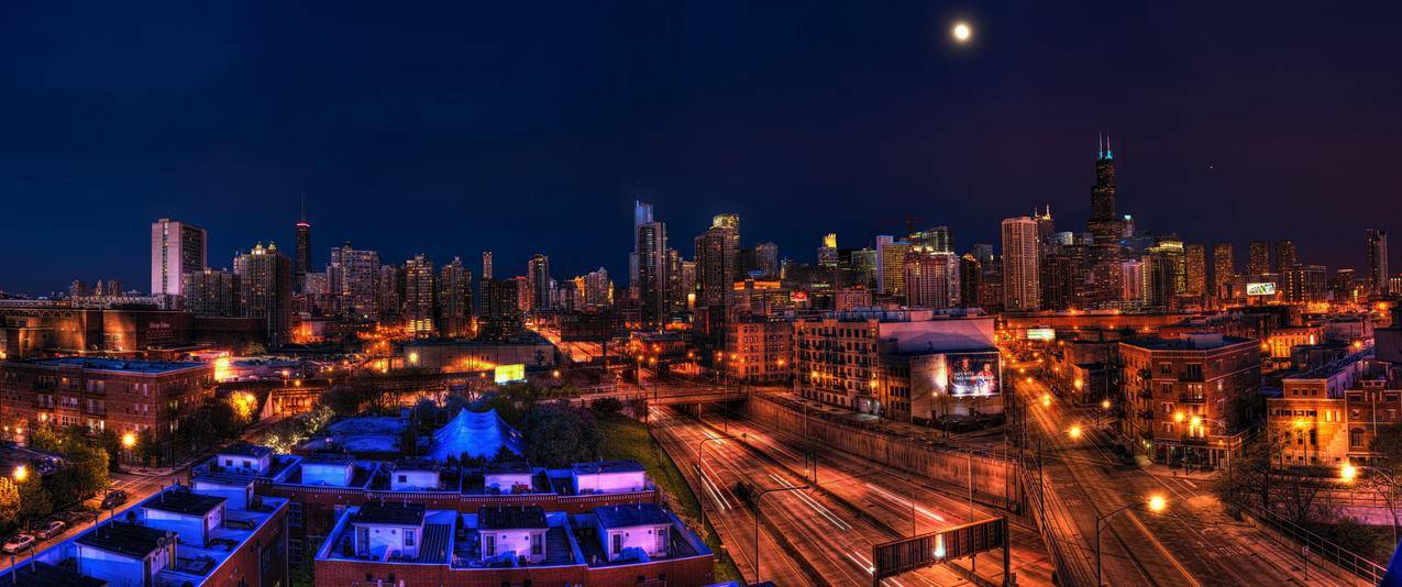 超宽,夜景,城市景观,芝加哥,伊利诺斯