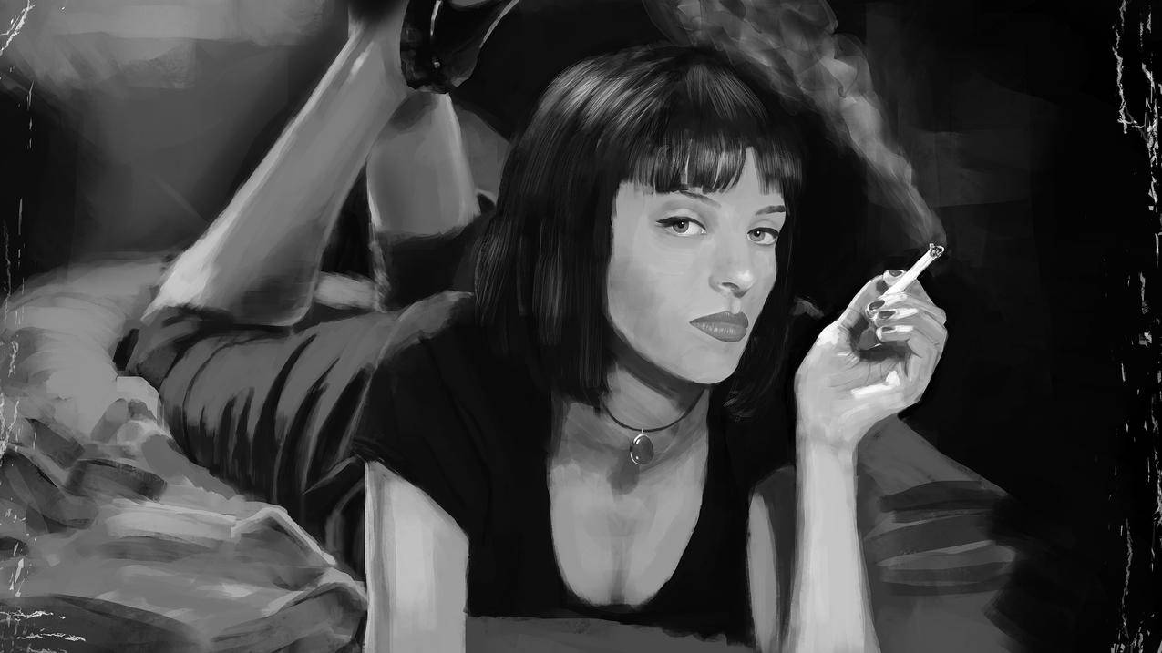 UmaThurman,莱茵锋,内床,女人,女演员,电影,PulpFiction,艺术品,单色,绘画,香烟,烟雾