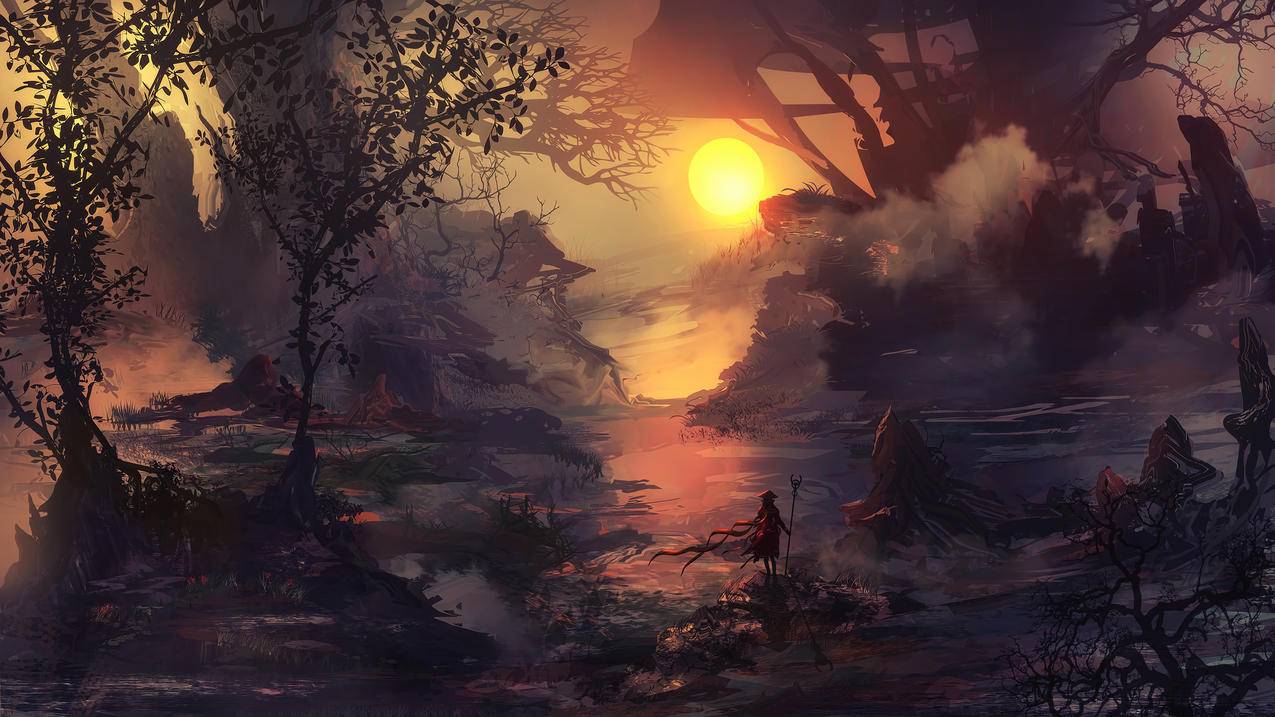 战士,孤独,英雄,艺术品,科幻,digitalart,概念设计,fantasyart,同人画,darkfantasy,性质,树木,雾,太阳,风,沼泽