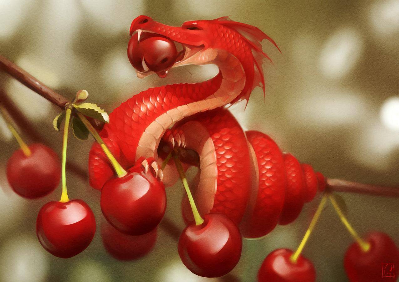 自然,树木,数字艺术,水果,龙,迷你,树枝,树叶,红色,吃,幻想艺术,樱桃,食物