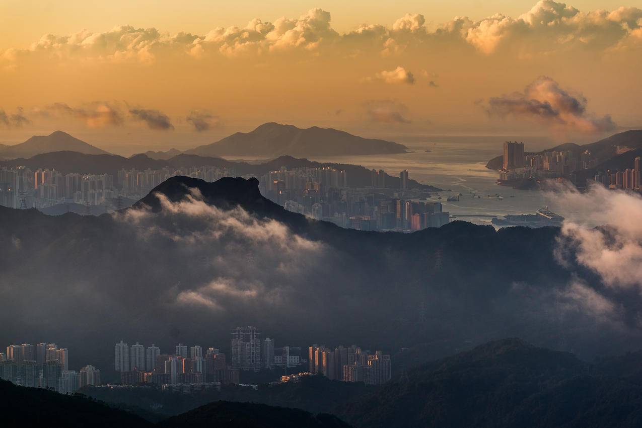 香港,维多利亚港,天空,山脉,云层,建筑,地平线