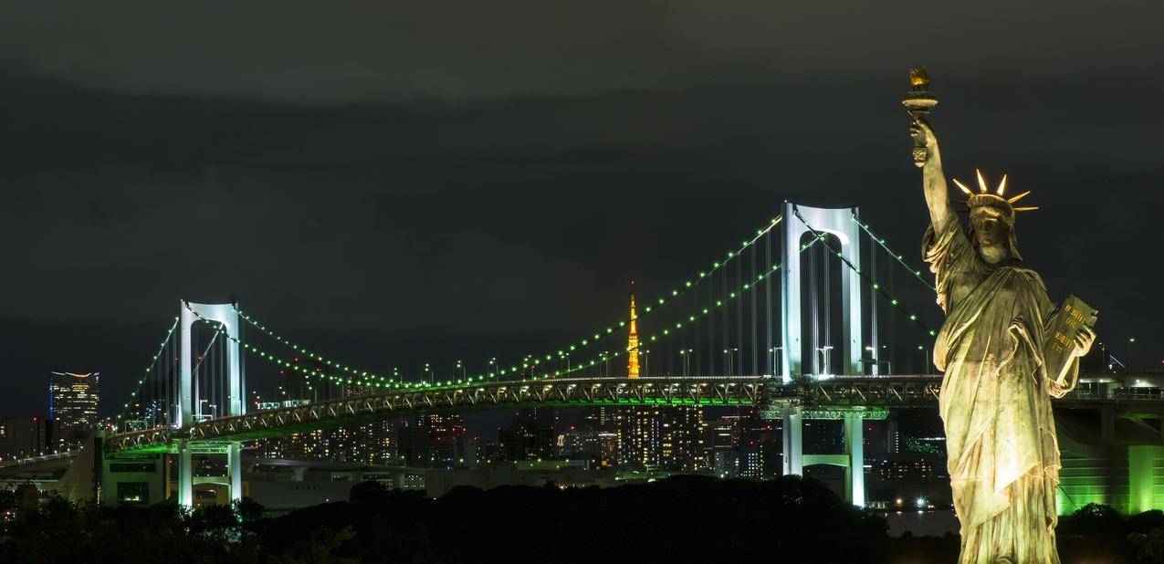 桥梁,夜晚,自由的雕像,日本
