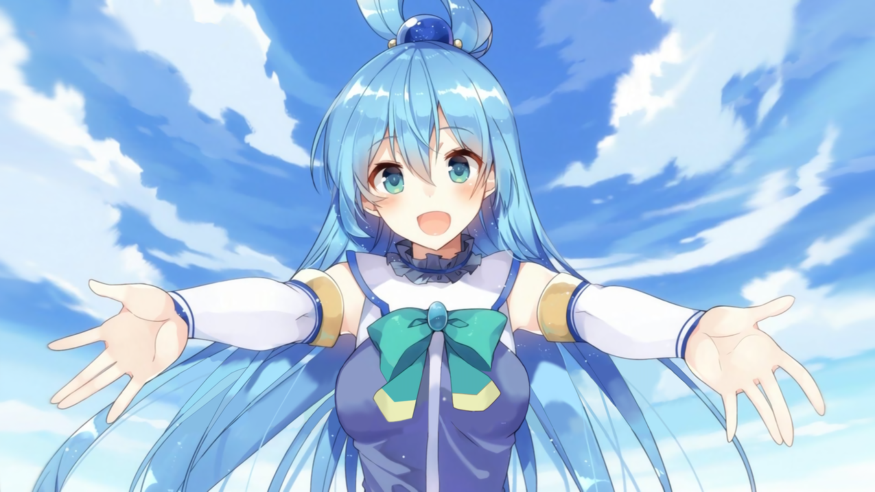 whiteskin,bluehair,blueeyes,手,动漫,animegirls,同人画,水族KonoSuba,KonoSubarashiiSekainiShukufukuwo,天空,云