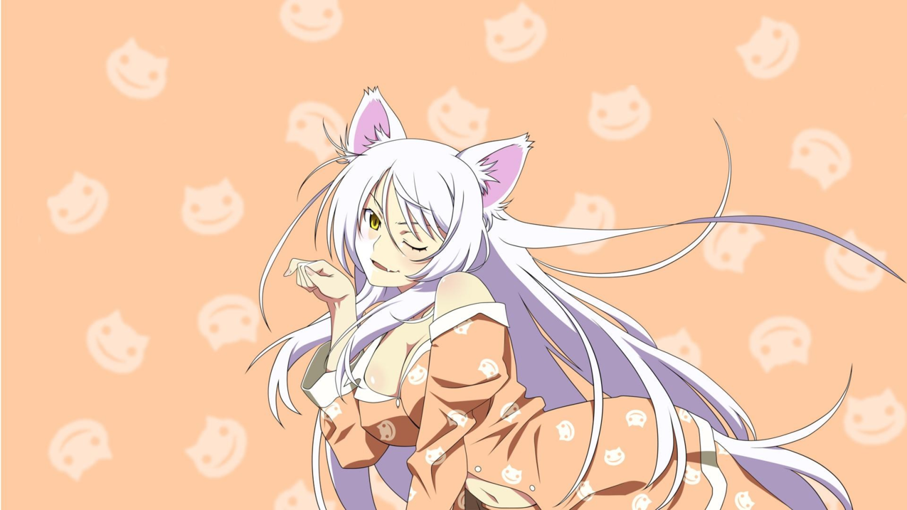 catgirl,whitehair,cleavage,MonogatariSeries