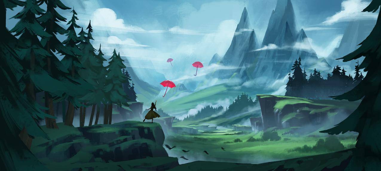 女性,插图,景观,山,林,伞,fantasyart,digitalart
