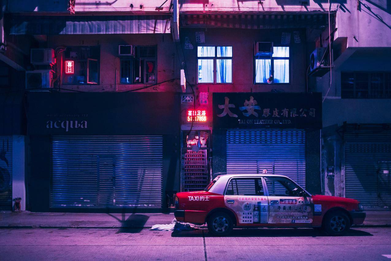 九龙,香港,中国,蒸汽波,霓虹灯,汽车,出租车,城市