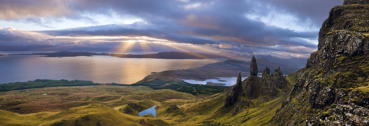 苏格兰,岛屿,阳光,阳光,海洋,海湾,山脉,云朵,全景,奥尔德曼弗斯托,自然,景观,草地,Skye,英国