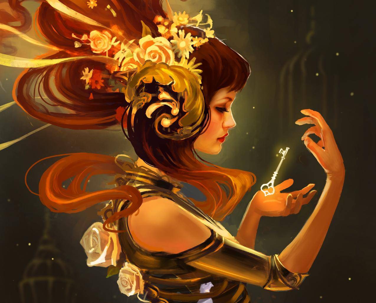 女人,幻想艺术,钥匙,黄金,头饰