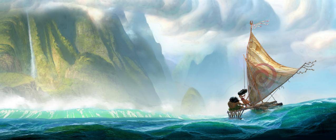 Moana,山水,大海,小船,幻想艺术,岛屿