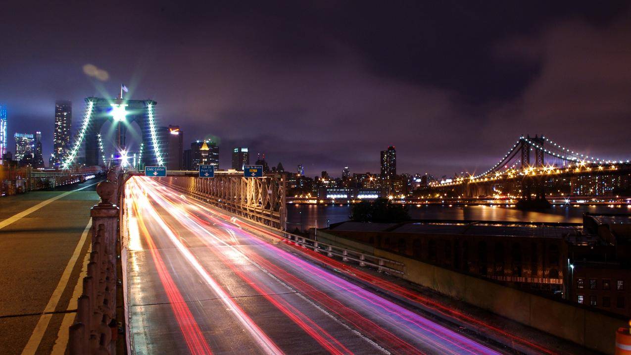 夜景,灯光,长时间曝光,城市景观,城市,纽约,公路,桥梁,摩天大楼