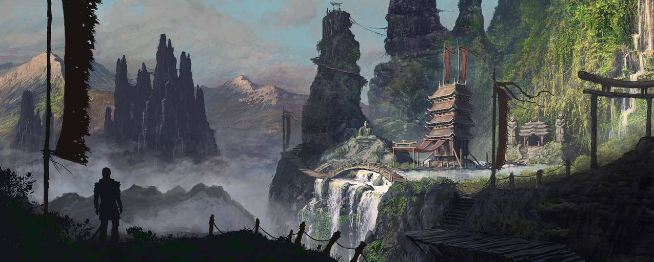 战士,digitalart,武士,园林,寺庙,亚洲,山,fantasyart,环境,雕像