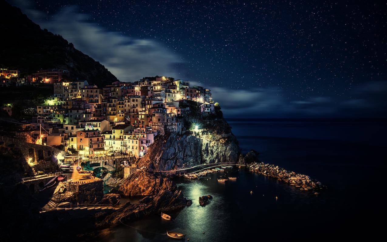 意大利,夜晚,曼纳罗拉,海岸,城市,CinqueTerre,海洋