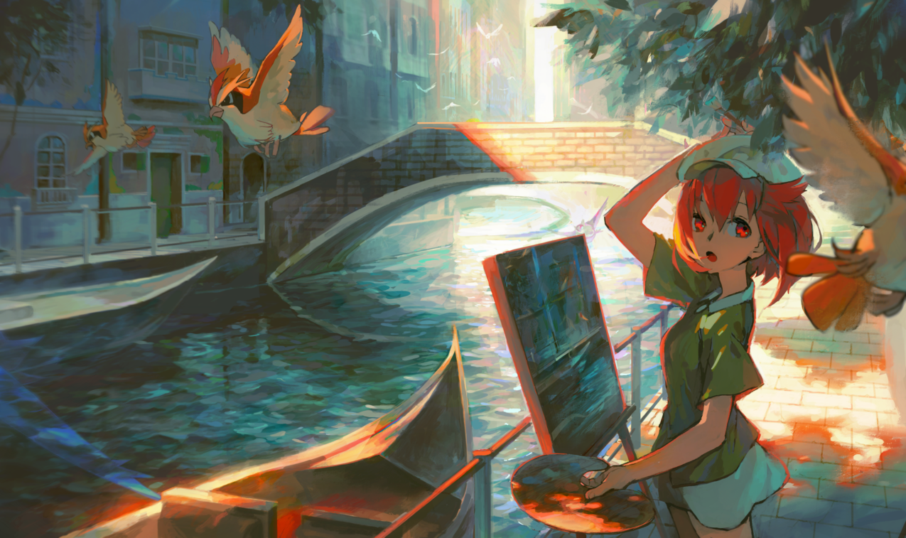 红眼,动漫,animegirls,神奇宝贝,鸟类,城市