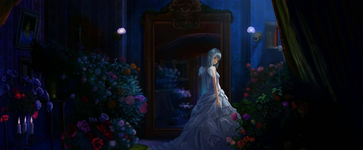 花,衣服,夜晚,Suigintou,女仆,镜子