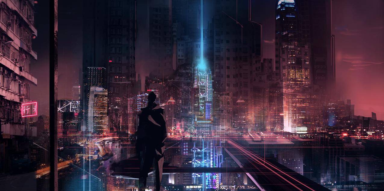 网络,朋克,未来,未来城市,摩天楼,剪影,发光