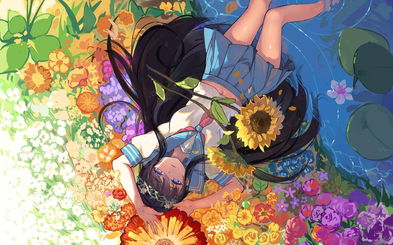 睡莲,水,sailoruniform,flowerinhair,花园,俯视图看,肖像,绘画,动漫