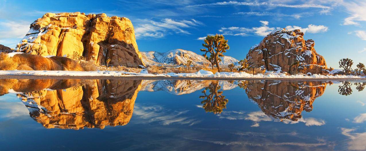 湖,树,岩石,山,冬天,雪,反射,水,全景,早晨,自然,风景